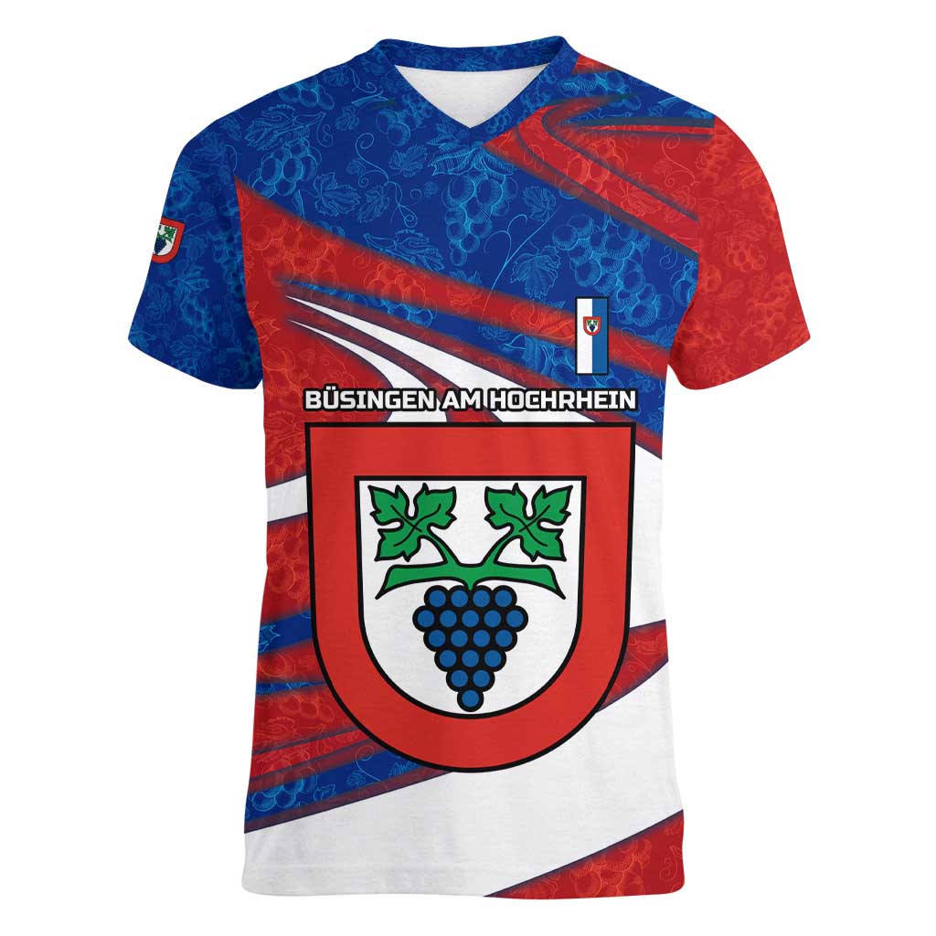 Busingen am Hochrhein Germany Women V-Neck T-Shirt with Grape Crest Design and Red Blue Wine Theme - Wonder Print Shop
