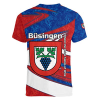 Busingen am Hochrhein Germany Women V-Neck T-Shirt with Grape Crest Design and Red Blue Wine Theme - Wonder Print Shop