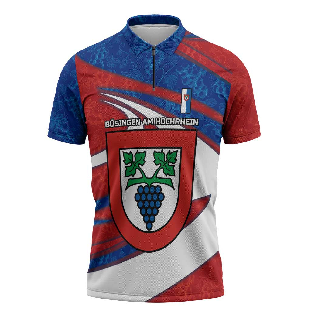 Busingen am Hochrhein Germany Zipper Polo Shirt with Grape Crest Design and Red Blue Wine Theme - Wonder Print Shop