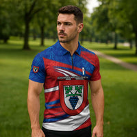 Busingen am Hochrhein Germany Zipper Polo Shirt with Grape Crest Design and Red Blue Wine Theme - Wonder Print Shop