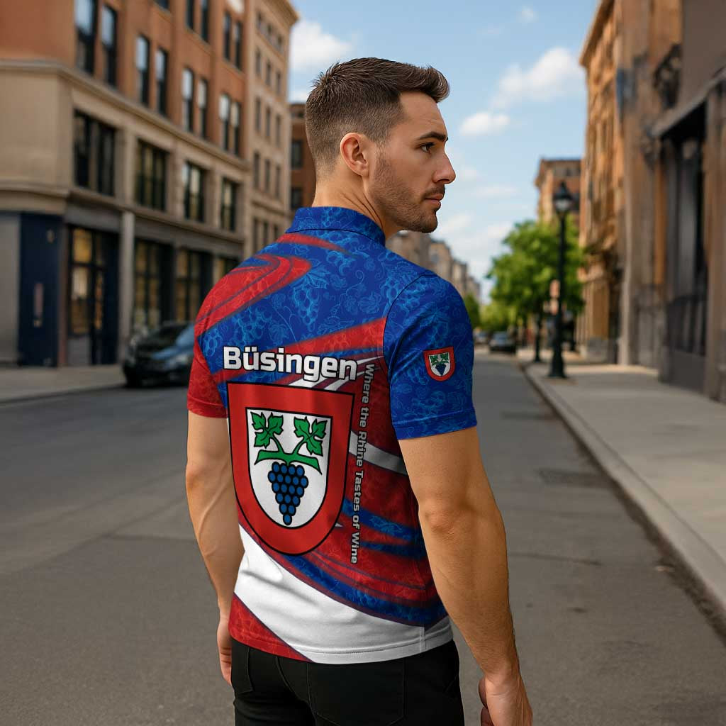 Busingen am Hochrhein Germany Zipper Polo Shirt with Grape Crest Design and Red Blue Wine Theme - Wonder Print Shop