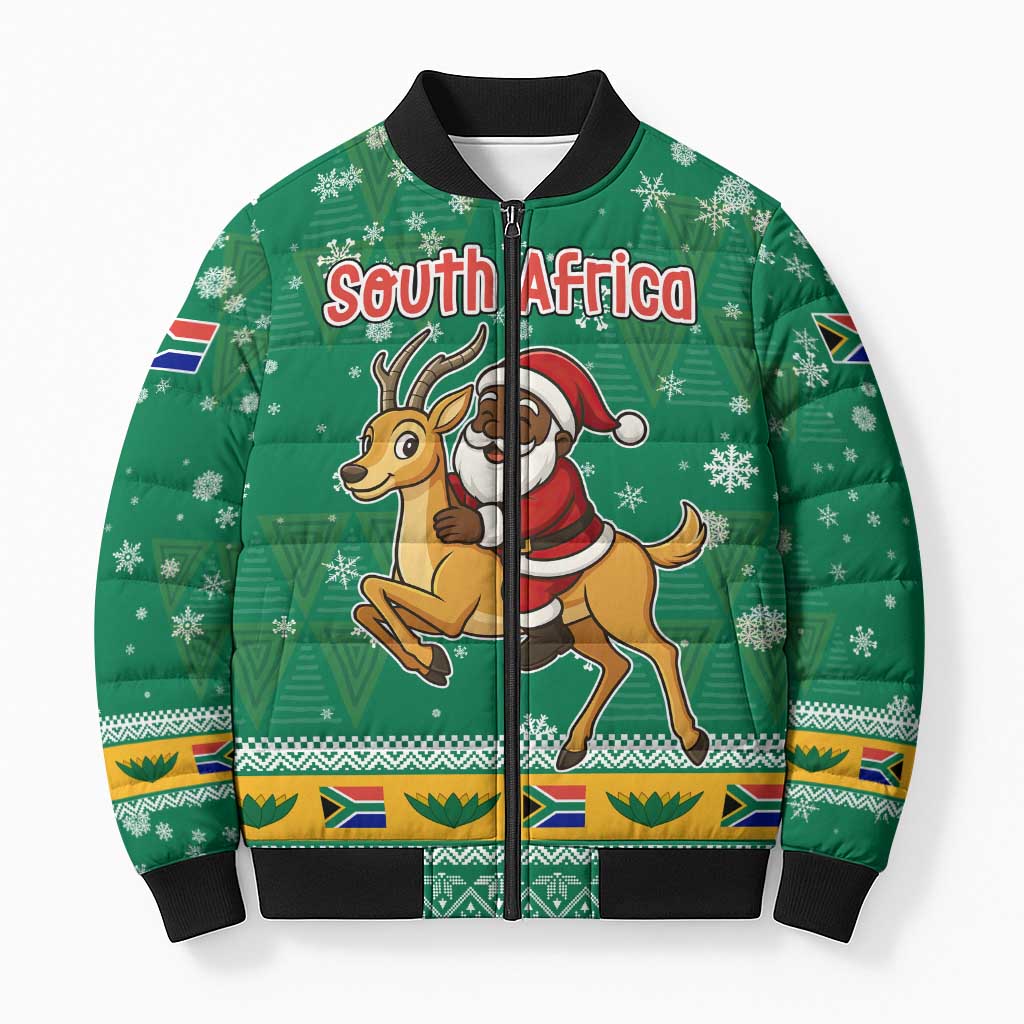 South Africa Christmas Bomber Puffer Jacket Santa Reindeer and Africa Map - Wonder Print Shop