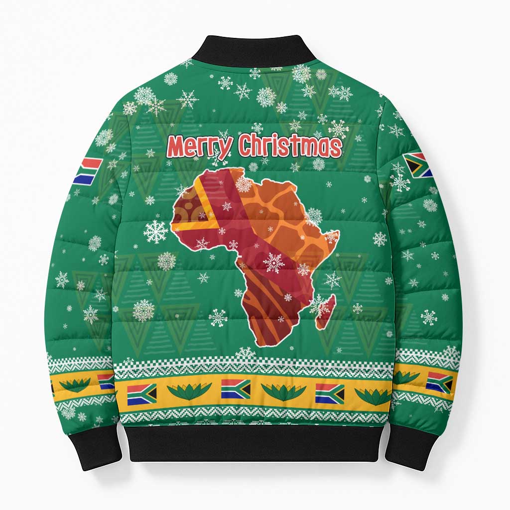 South Africa Christmas Bomber Puffer Jacket Santa Reindeer and Africa Map - Wonder Print Shop