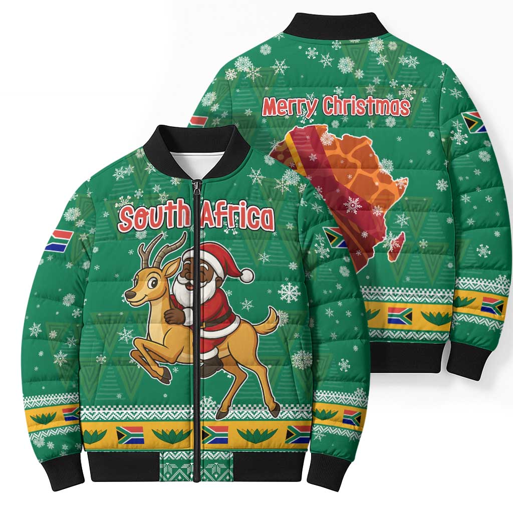 South Africa Christmas Bomber Puffer Jacket Santa Reindeer and Africa Map - Wonder Print Shop