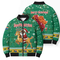 South Africa Christmas Bomber Puffer Jacket Santa Reindeer and Africa Map - Wonder Print Shop