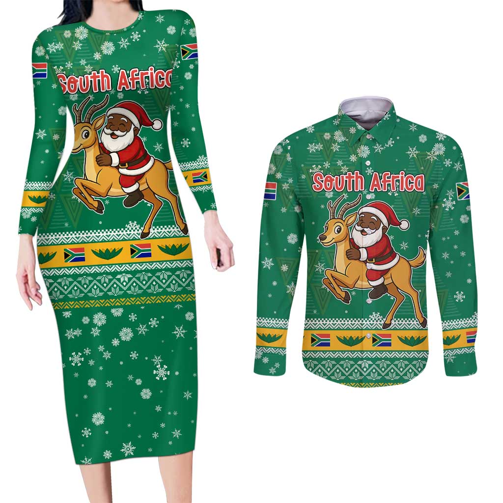 South Africa Christmas Couples Matching Long Sleeve Bodycon Dress and Long Sleeve Button Shirt Santa Reindeer and Africa Map - Wonder Print Shop