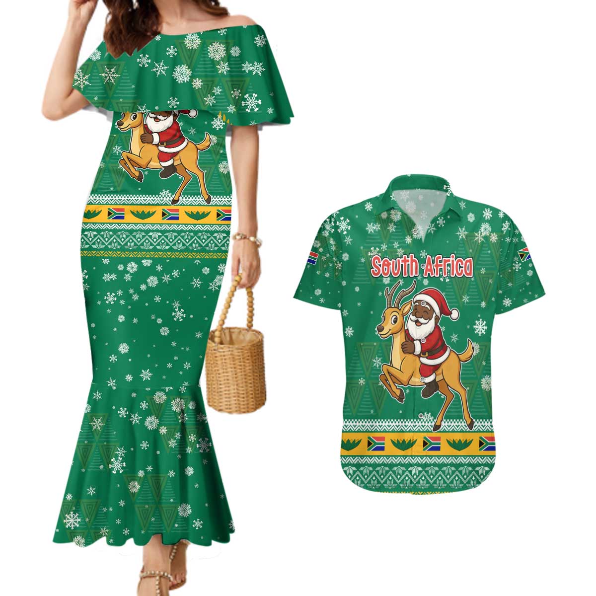 South Africa Christmas Couples Matching Mermaid Dress and Hawaiian Shirt Santa Reindeer and Africa Map - Wonder Print Shop