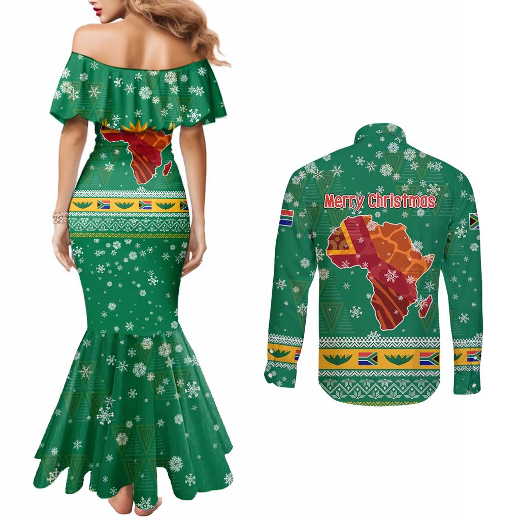 South Africa Christmas Couples Matching Mermaid Dress and Long Sleeve Button Shirt Santa Reindeer and Africa Map - Wonder Print Shop