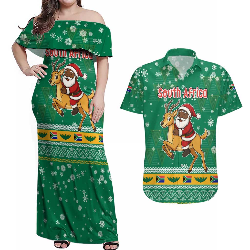 South Africa Christmas Couples Matching Off Shoulder Maxi Dress and Hawaiian Shirt Santa Reindeer and Africa Map - Wonder Print Shop