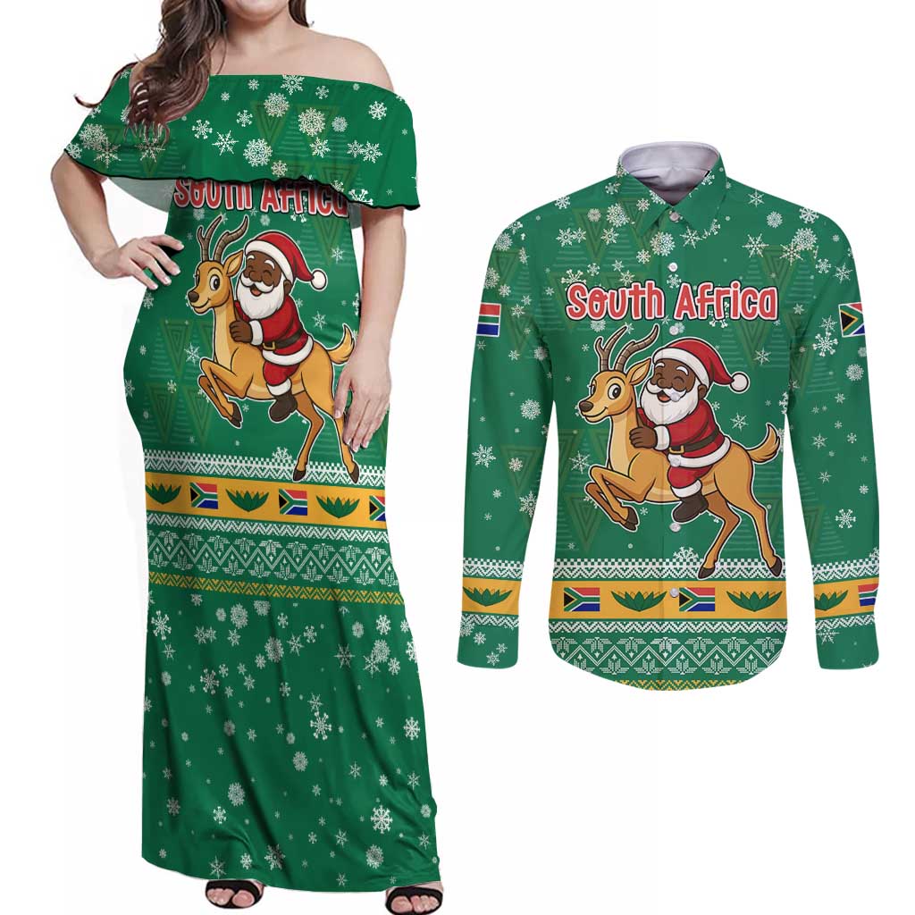 South Africa Christmas Couples Matching Off Shoulder Maxi Dress and Long Sleeve Button Shirt Santa Reindeer and Africa Map - Wonder Print Shop