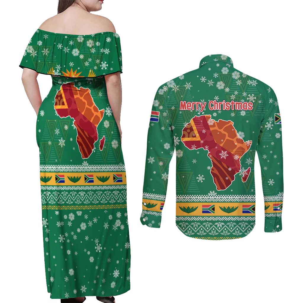 South Africa Christmas Couples Matching Off Shoulder Maxi Dress and Long Sleeve Button Shirt Santa Reindeer and Africa Map - Wonder Print Shop