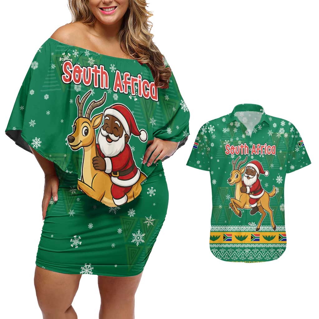 South Africa Christmas Couples Matching Off Shoulder Short Dress and Hawaiian Shirt Santa Reindeer and Africa Map - Wonder Print Shop