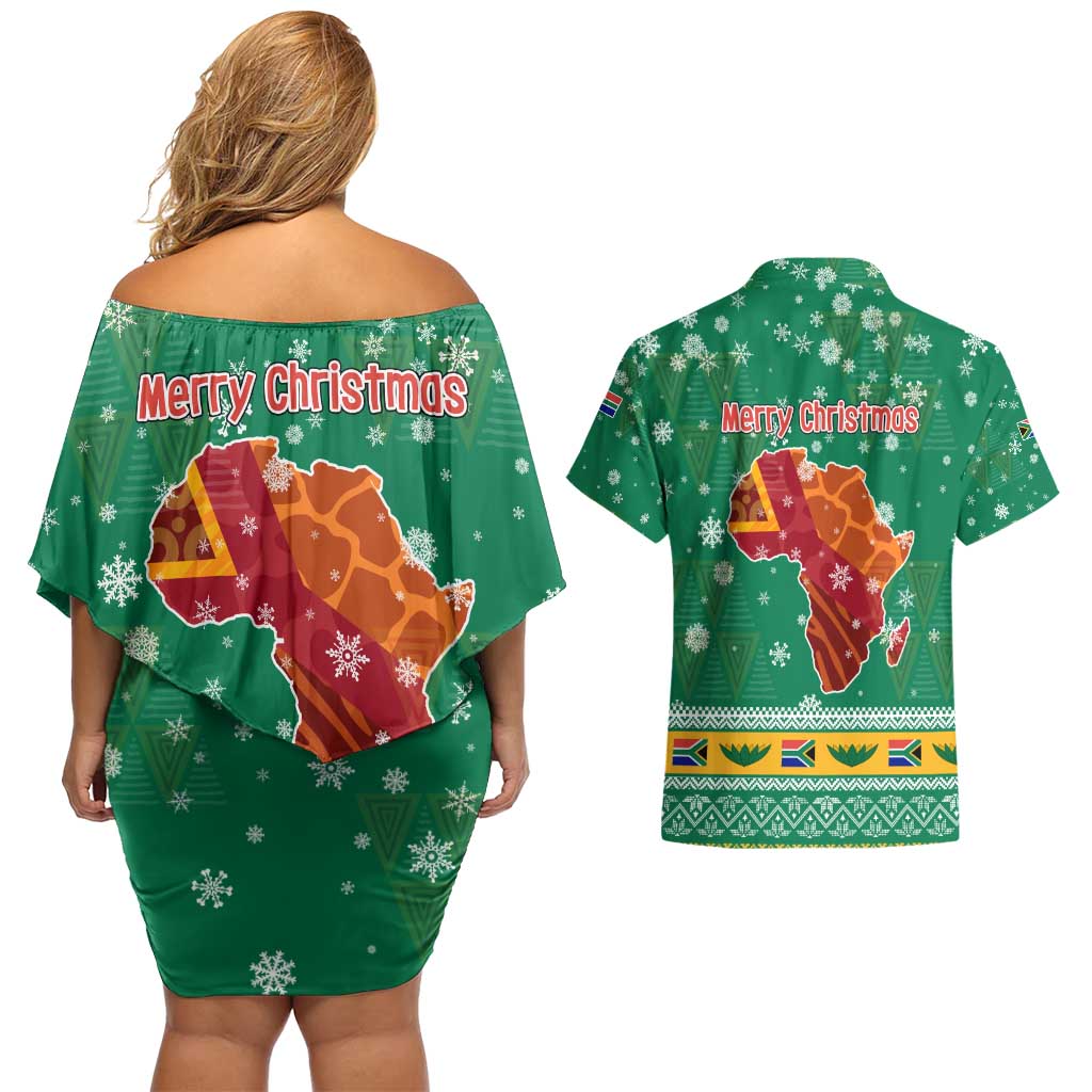 South Africa Christmas Couples Matching Off Shoulder Short Dress and Hawaiian Shirt Santa Reindeer and Africa Map - Wonder Print Shop