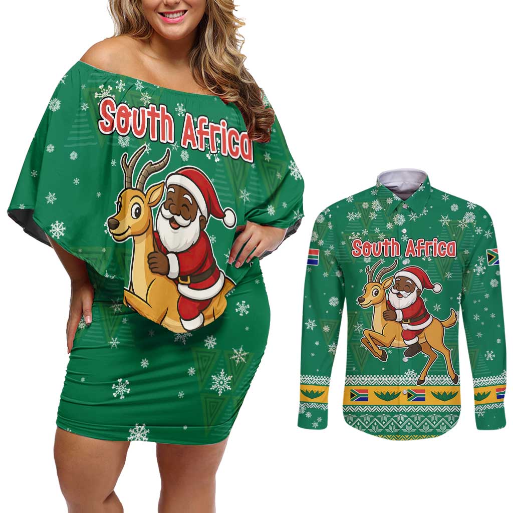 South Africa Christmas Couples Matching Off Shoulder Short Dress and Long Sleeve Button Shirt Santa Reindeer and Africa Map - Wonder Print Shop