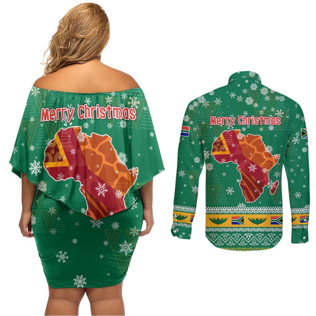 South Africa Christmas Couples Matching Off Shoulder Short Dress and Long Sleeve Button Shirt Santa Reindeer and Africa Map - Wonder Print Shop