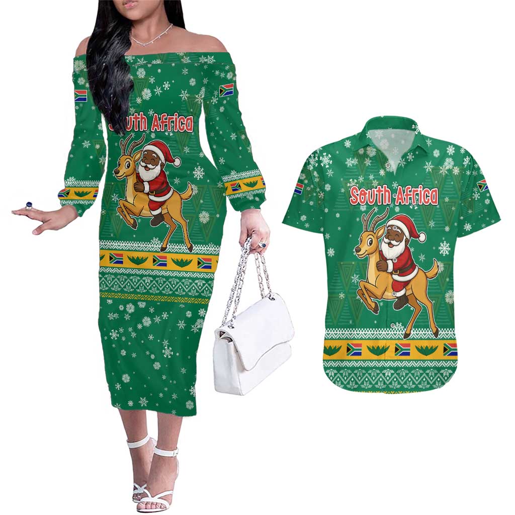 South Africa Christmas Couples Matching Off The Shoulder Long Sleeve Dress and Hawaiian Shirt Santa Reindeer and Africa Map - Wonder Print Shop