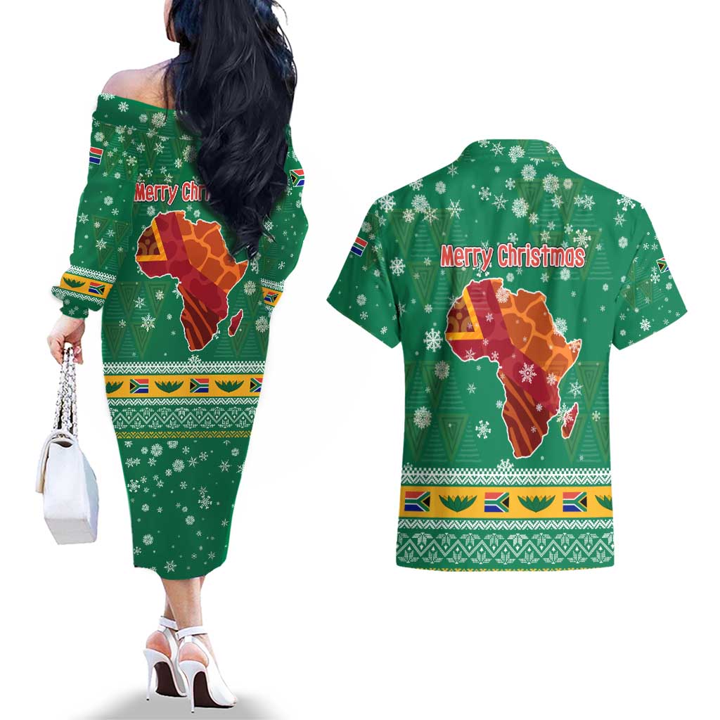 South Africa Christmas Couples Matching Off The Shoulder Long Sleeve Dress and Hawaiian Shirt Santa Reindeer and Africa Map - Wonder Print Shop
