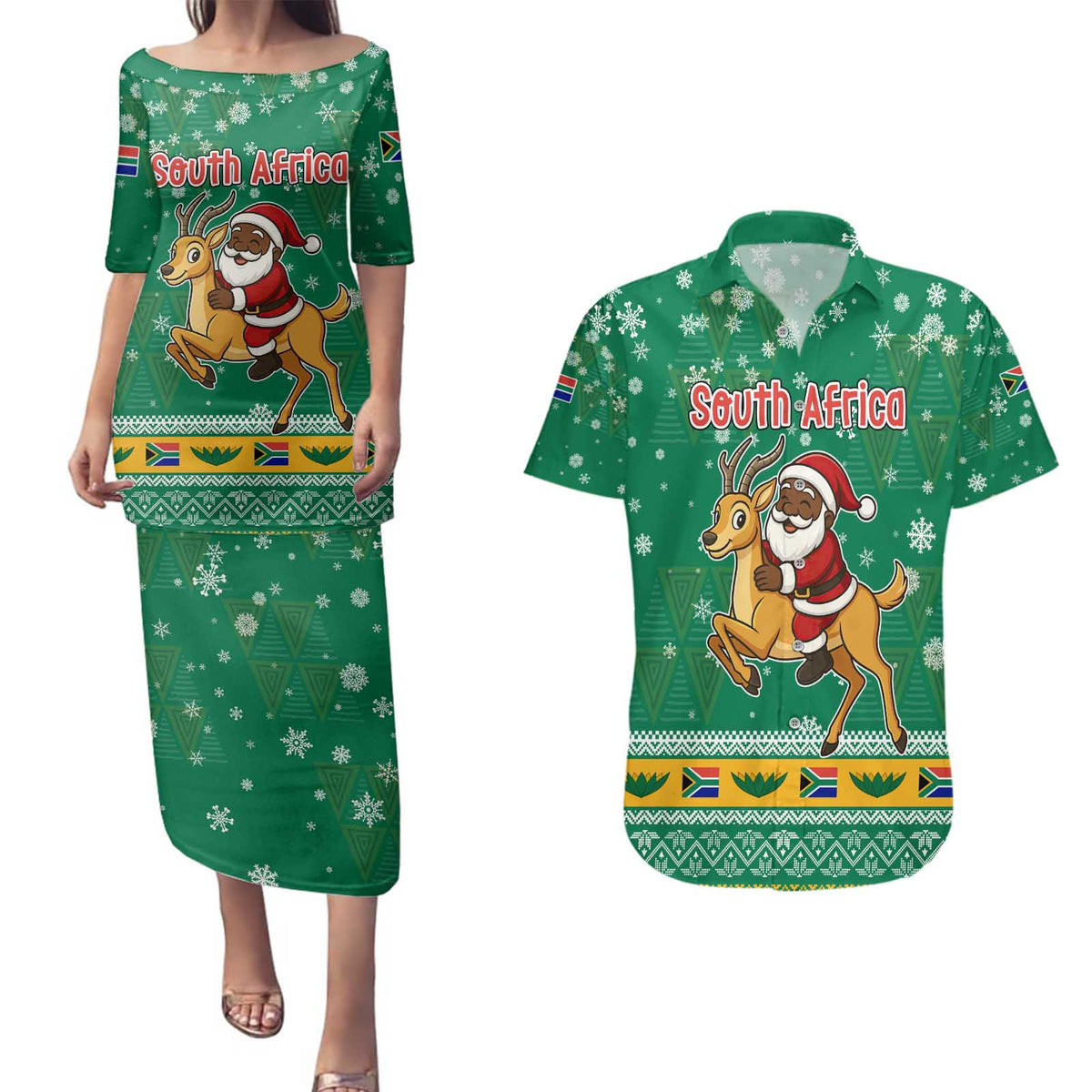 South Africa Christmas Couples Matching Puletasi and Hawaiian Shirt Santa Reindeer and Africa Map - Wonder Print Shop