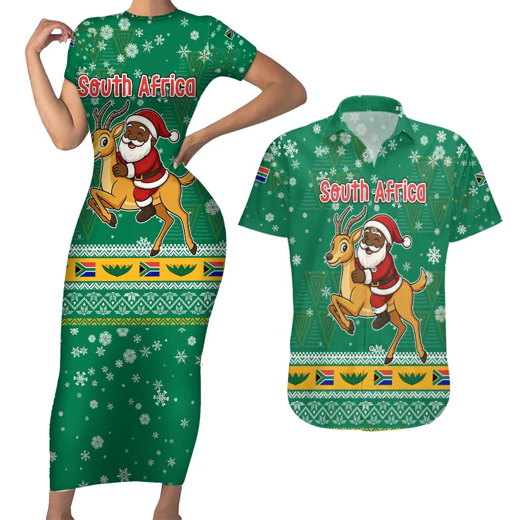 South Africa Christmas Couples Matching Short Sleeve Bodycon Dress and Hawaiian Shirt Santa Reindeer and Africa Map - Wonder Print Shop