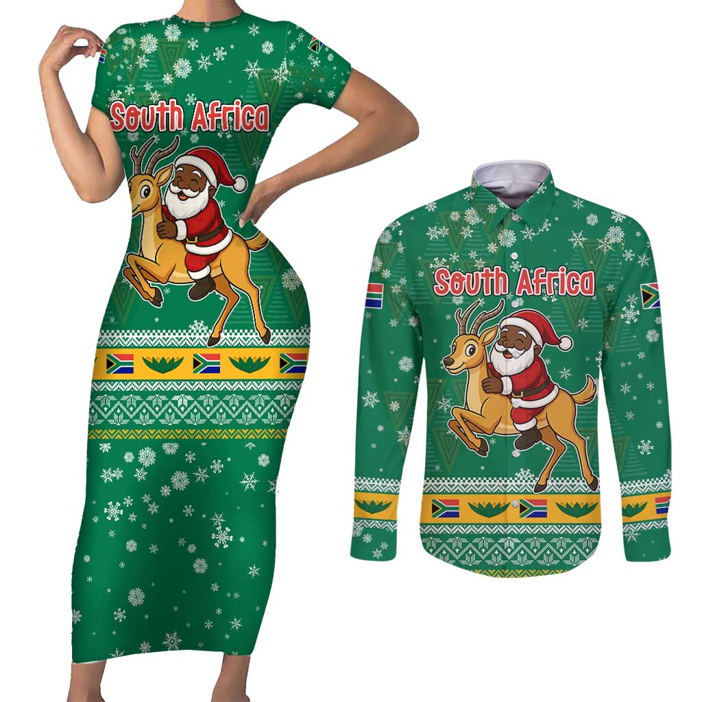 South Africa Christmas Couples Matching Short Sleeve Bodycon Dress and Long Sleeve Button Shirt Santa Reindeer and Africa Map - Wonder Print Shop