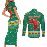 South Africa Christmas Couples Matching Short Sleeve Bodycon Dress and Long Sleeve Button Shirt Santa Reindeer and Africa Map - Wonder Print Shop