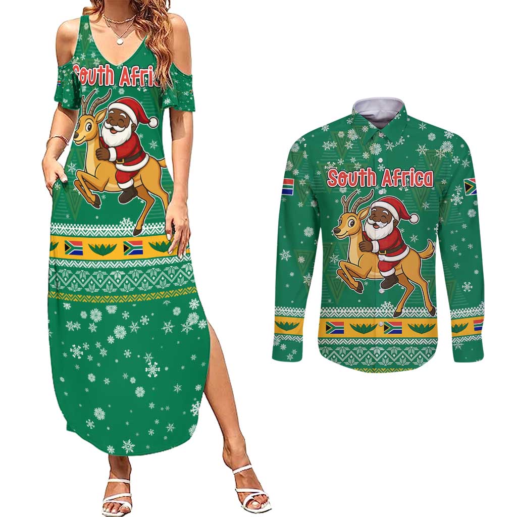 South Africa Christmas Couples Matching Summer Maxi Dress and Long Sleeve Button Shirt Santa Reindeer and Africa Map - Wonder Print Shop