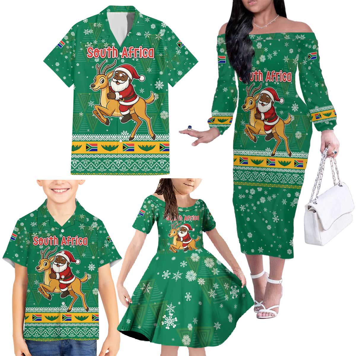 South Africa Christmas Family Matching Off The Shoulder Long Sleeve Dress and Hawaiian Shirt Santa Reindeer and Africa Map - Wonder Print Shop