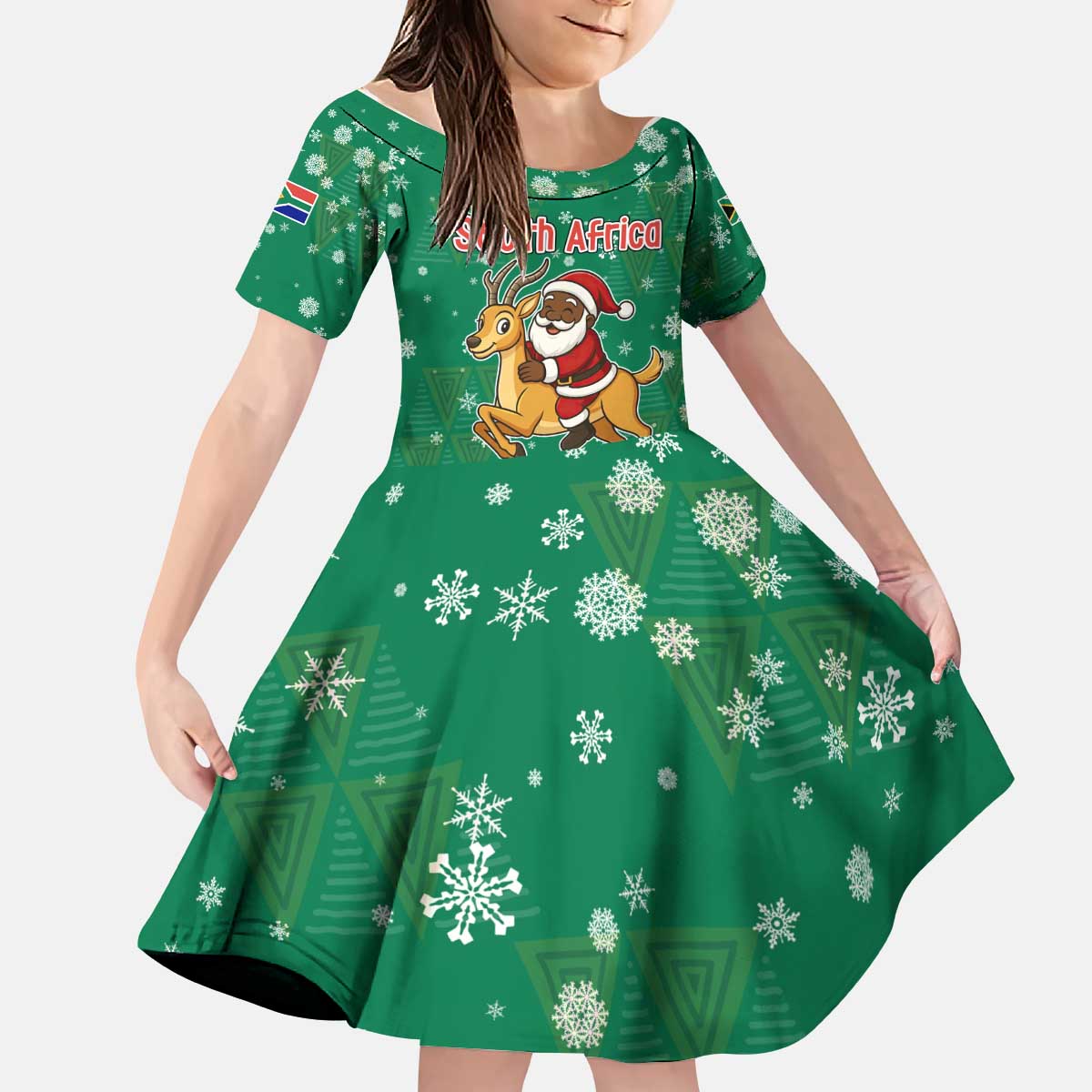 South Africa Christmas Kid Short Sleeve Dress Santa Reindeer and Africa Map - Wonder Print Shop