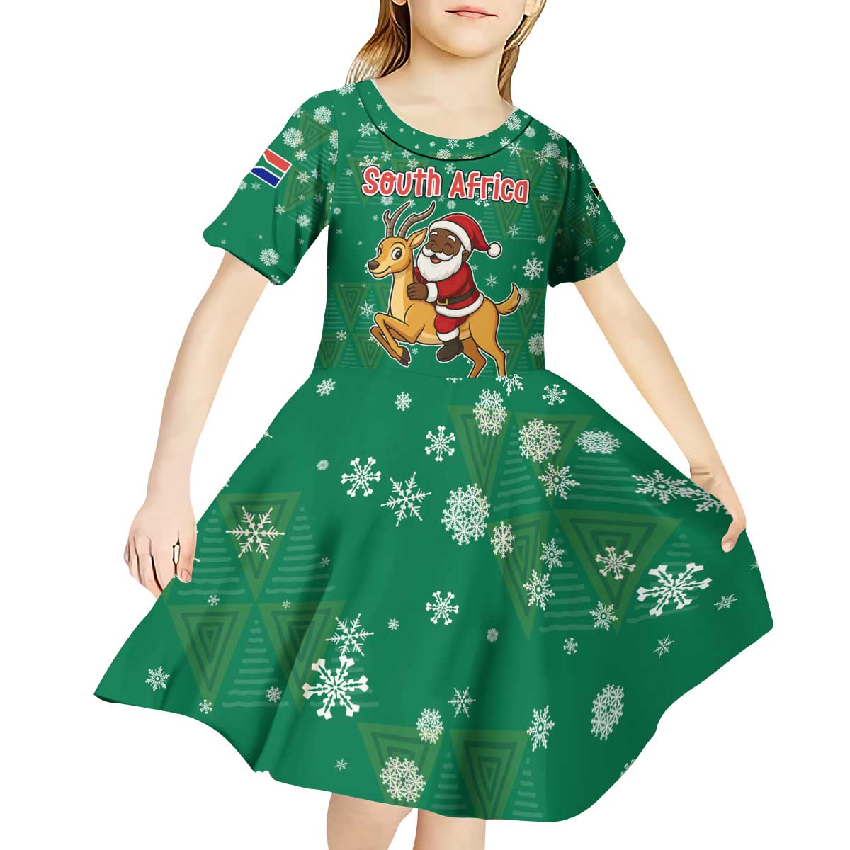 South Africa Christmas Kid Short Sleeve Dress Santa Reindeer and Africa Map - Wonder Print Shop