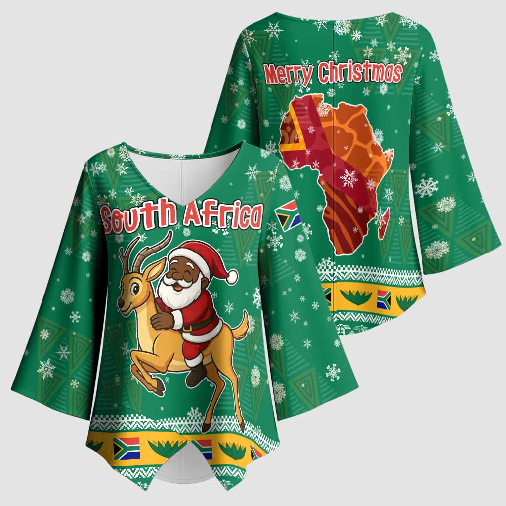 South Africa Christmas Kimono Sleeve Blouse Santa Reindeer and Africa Map - Wonder Print Shop