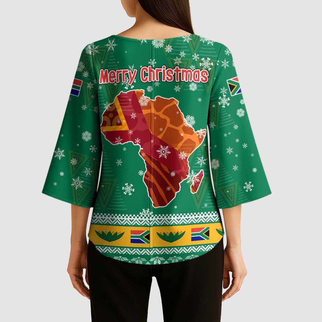 South Africa Christmas Kimono Sleeve Blouse Santa Reindeer and Africa Map - Wonder Print Shop