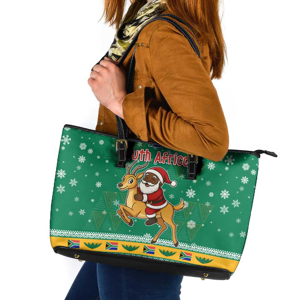 South Africa Christmas Leather Tote Bag Santa Reindeer and Africa Map - Wonder Print Shop