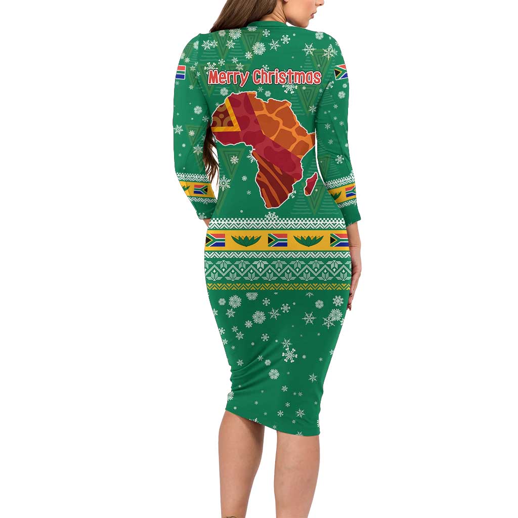 South Africa Christmas Long Sleeve Bodycon Dress Santa Reindeer and Africa Map - Wonder Print Shop