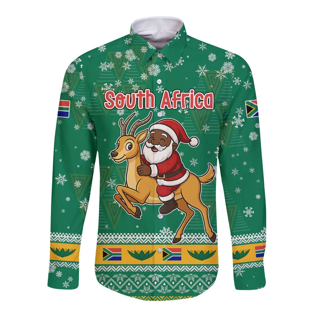 South Africa Christmas Long Sleeve Button Shirt Santa Reindeer and Africa Map - Wonder Print Shop