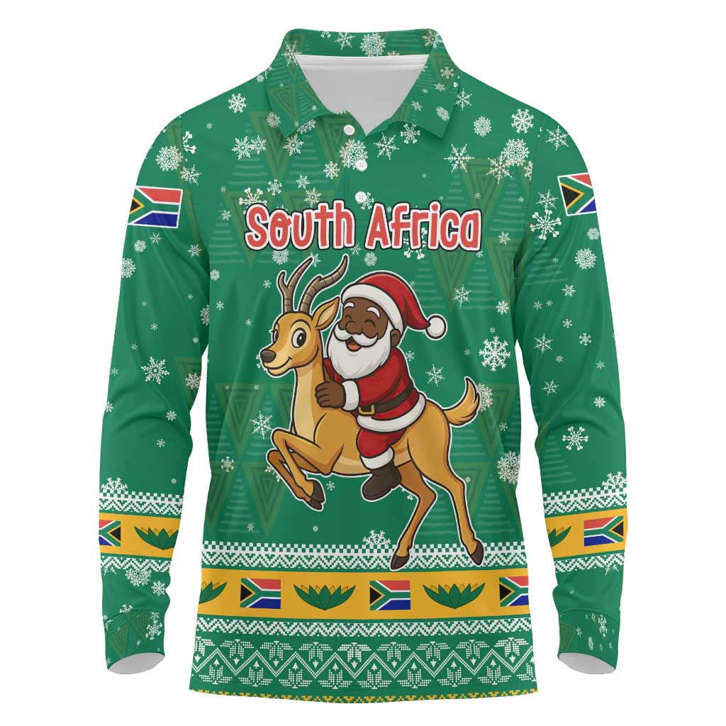 South Africa Christmas Long Sleeve Polo Shirt Santa Reindeer and Africa Map - Wonder Print Shop