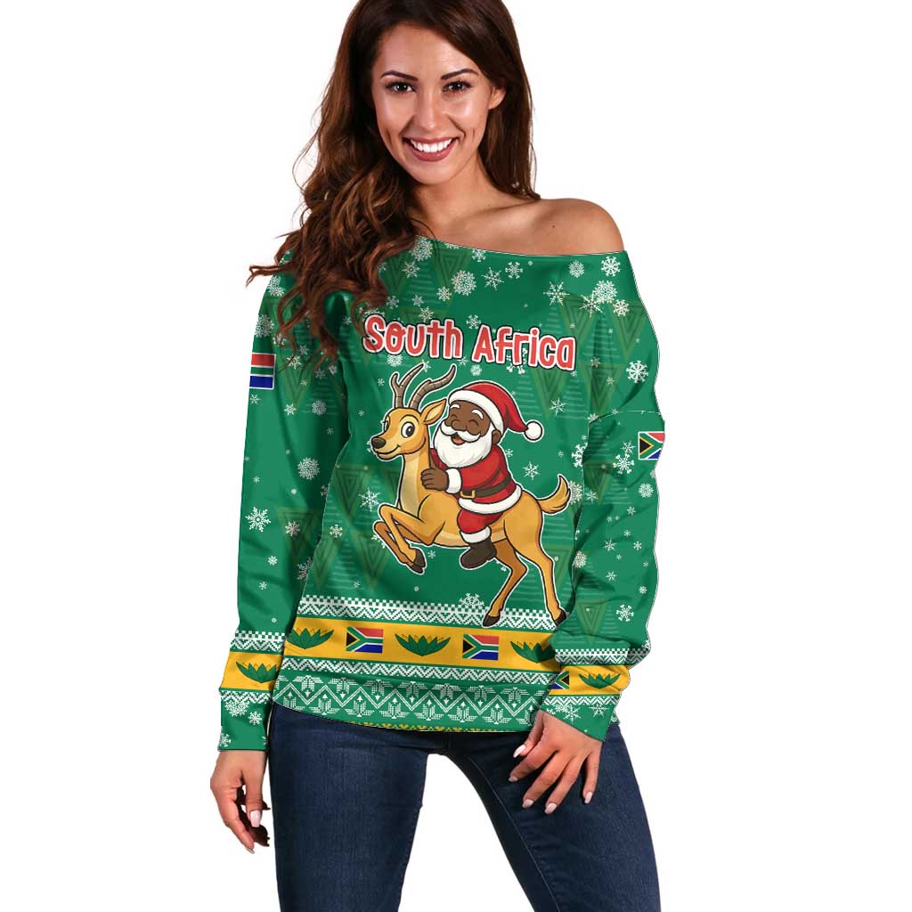 South Africa Christmas Off Shoulder Sweater Santa Reindeer and Africa Map - Wonder Print Shop