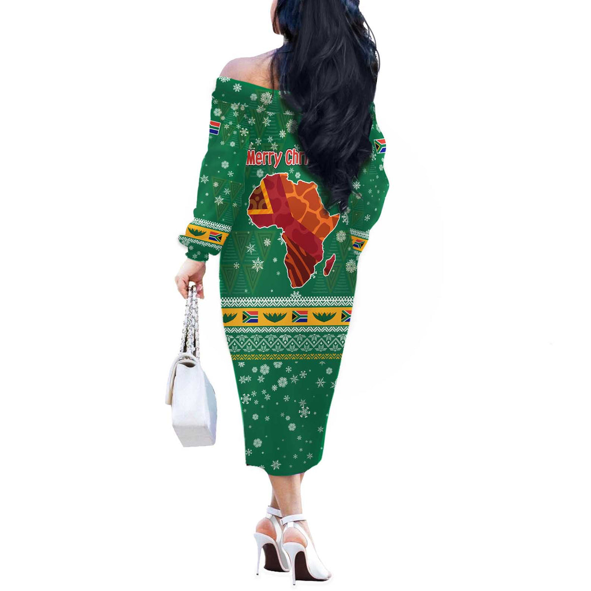 South Africa Christmas Off The Shoulder Long Sleeve Dress Santa Reindeer and Africa Map - Wonder Print Shop