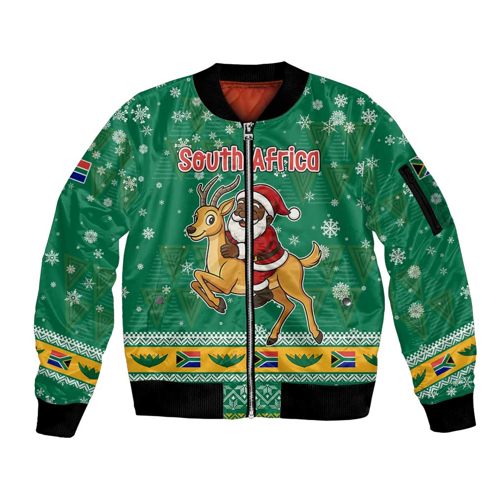 South Africa Christmas Sleeve Zip Bomber Jacket Santa Reindeer and Africa Map - Wonder Print Shop