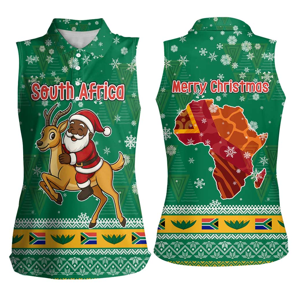 South Africa Christmas Women Sleeveless Polo Shirt Santa Reindeer and Africa Map - Wonder Print Shop