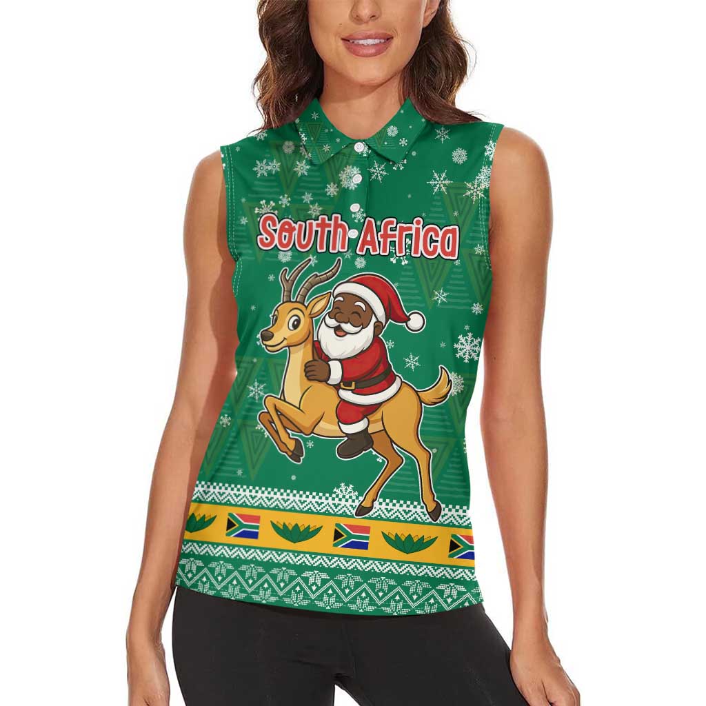 South Africa Christmas Women Sleeveless Polo Shirt Santa Reindeer and Africa Map - Wonder Print Shop
