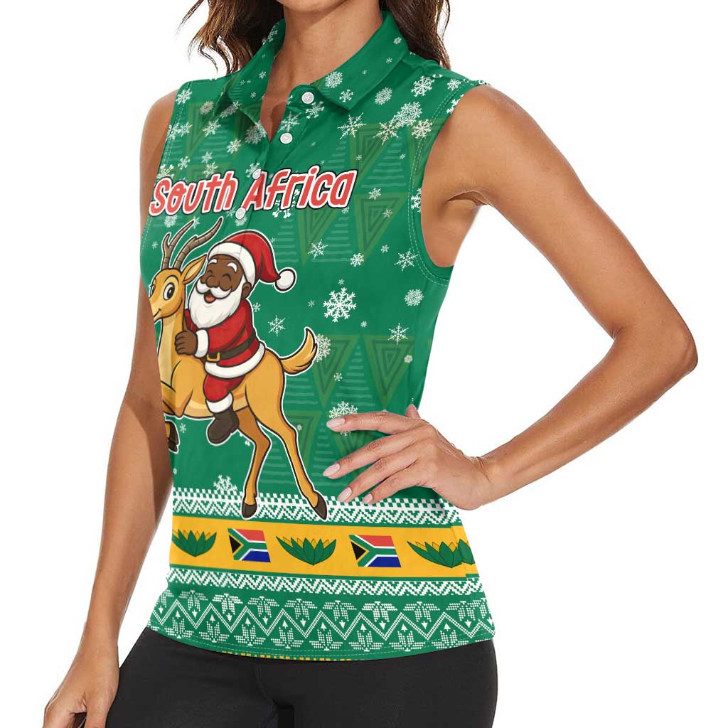 South Africa Christmas Women Sleeveless Polo Shirt Santa Reindeer and Africa Map - Wonder Print Shop