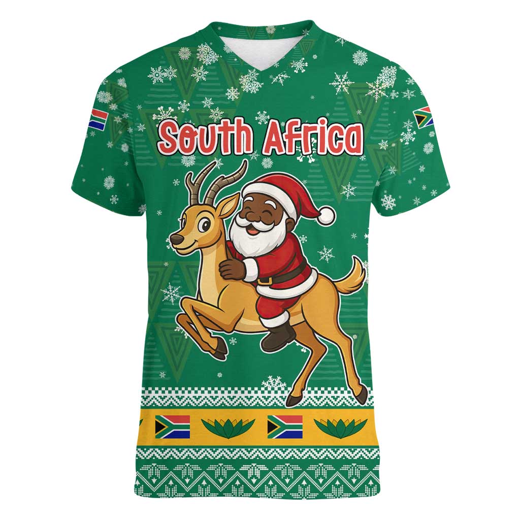 South Africa Christmas Women V-Neck T-Shirt Santa Reindeer and Africa Map - Wonder Print Shop