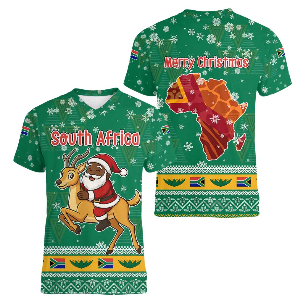South Africa Christmas Women V-Neck T-Shirt Santa Reindeer and Africa Map - Wonder Print Shop