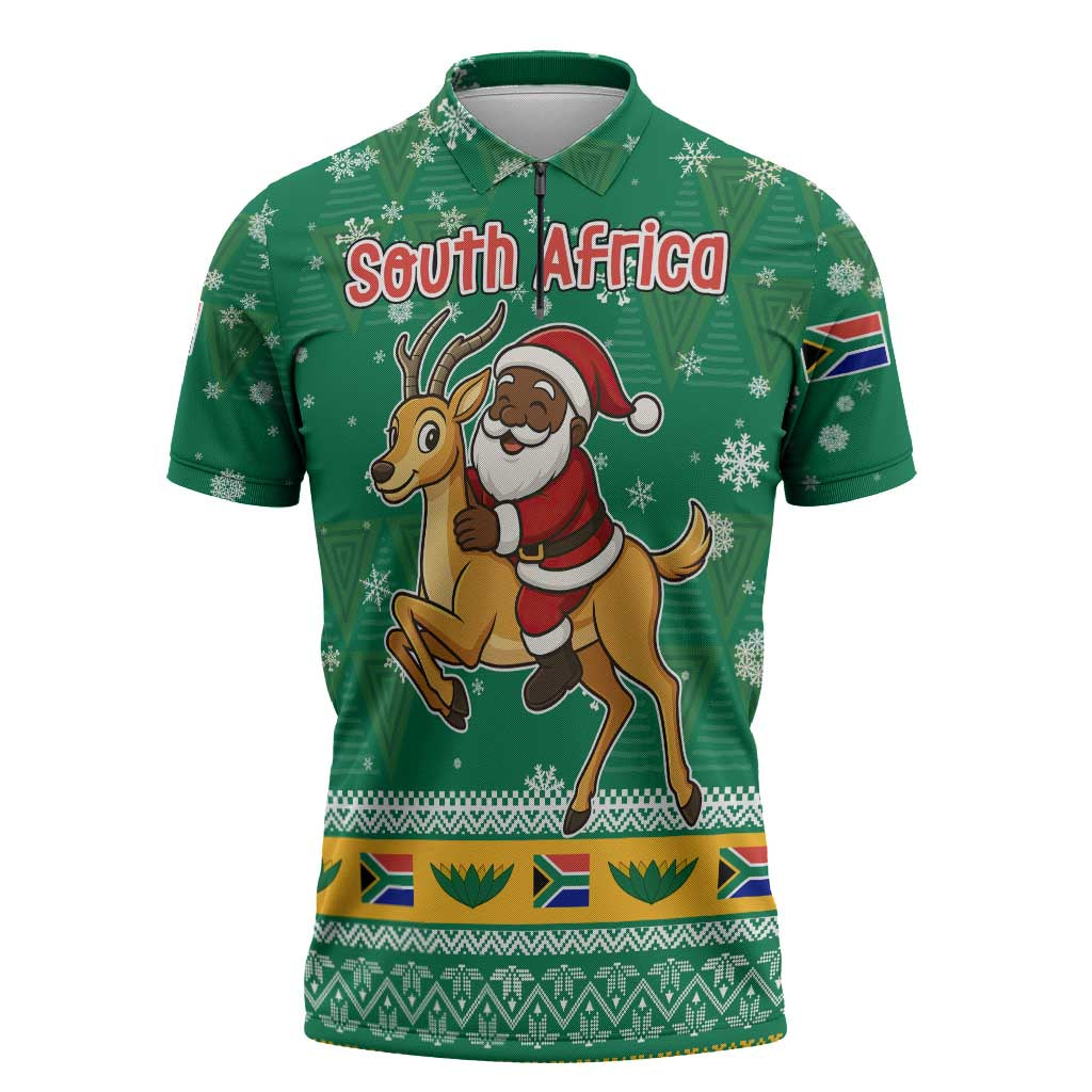 South Africa Christmas Zipper Polo Shirt Santa Reindeer and Africa Map - Wonder Print Shop