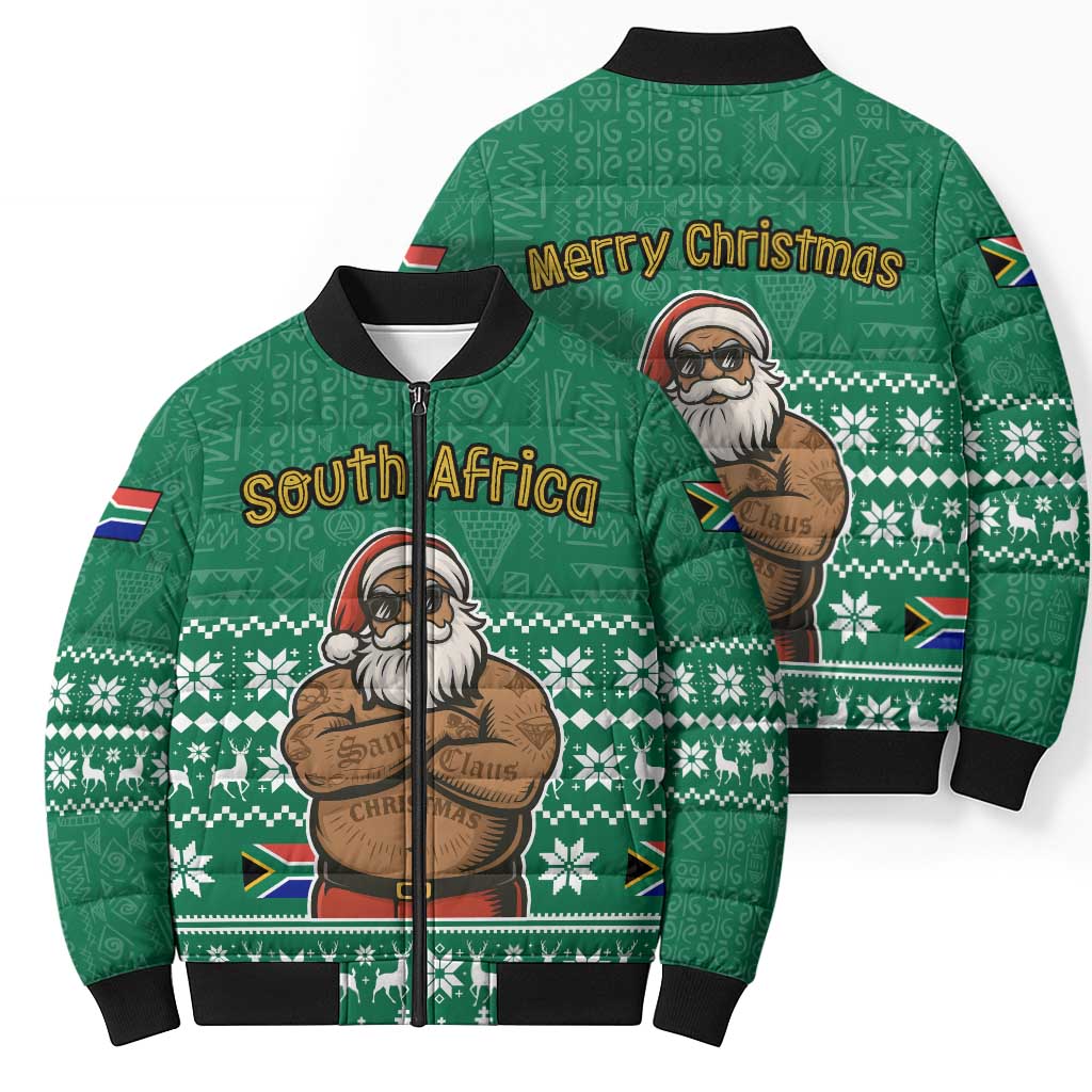 South Africa Christmas Bomber Puffer Jacket Christmas Santa Claus Tattoo - Wonder Print Shop