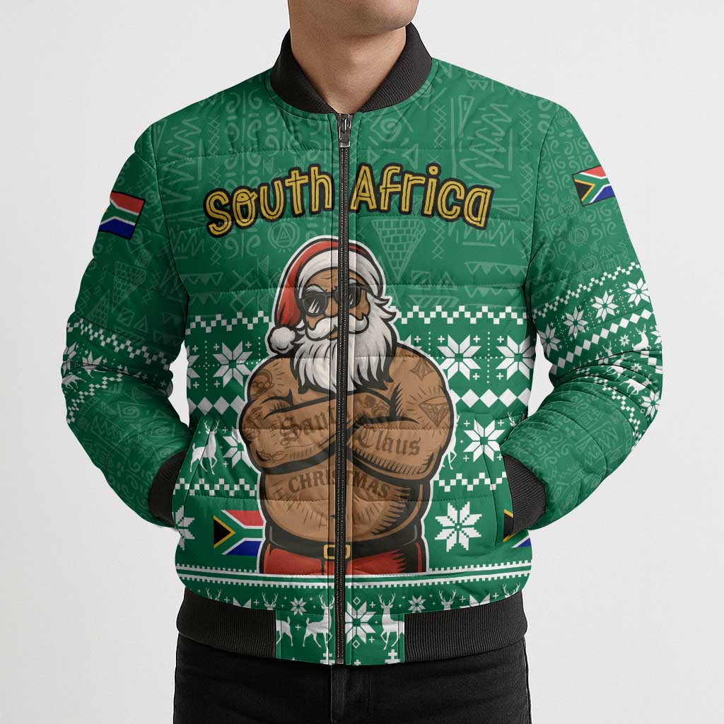 South Africa Christmas Bomber Puffer Jacket Christmas Santa Claus Tattoo - Wonder Print Shop
