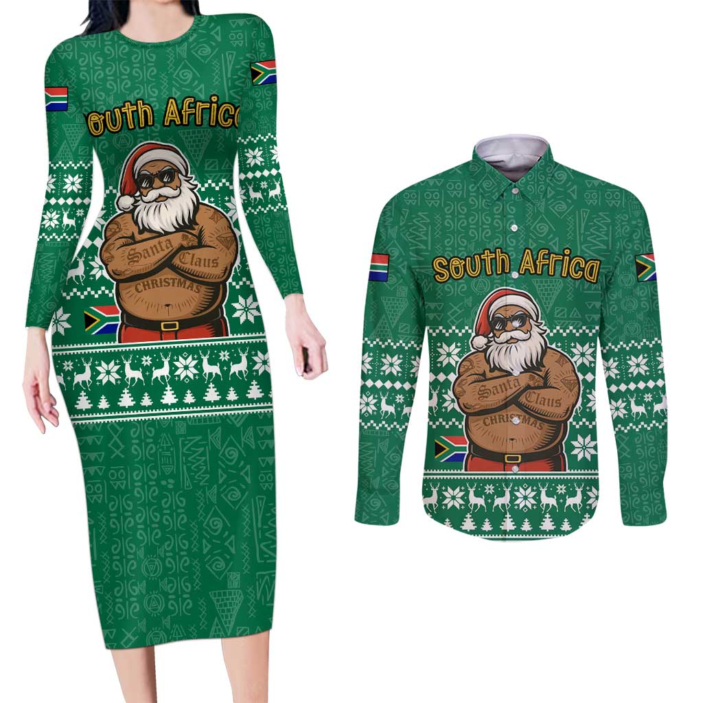 South Africa Christmas Couples Matching Long Sleeve Bodycon Dress and Long Sleeve Button Shirt Christmas Santa Claus Tattoo - Wonder Print Shop