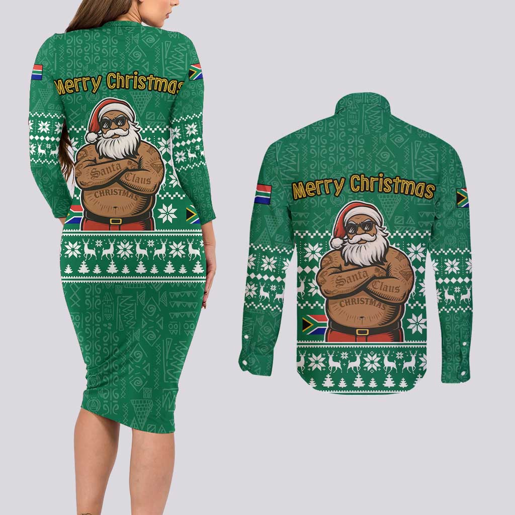 South Africa Christmas Couples Matching Long Sleeve Bodycon Dress and Long Sleeve Button Shirt Christmas Santa Claus Tattoo - Wonder Print Shop