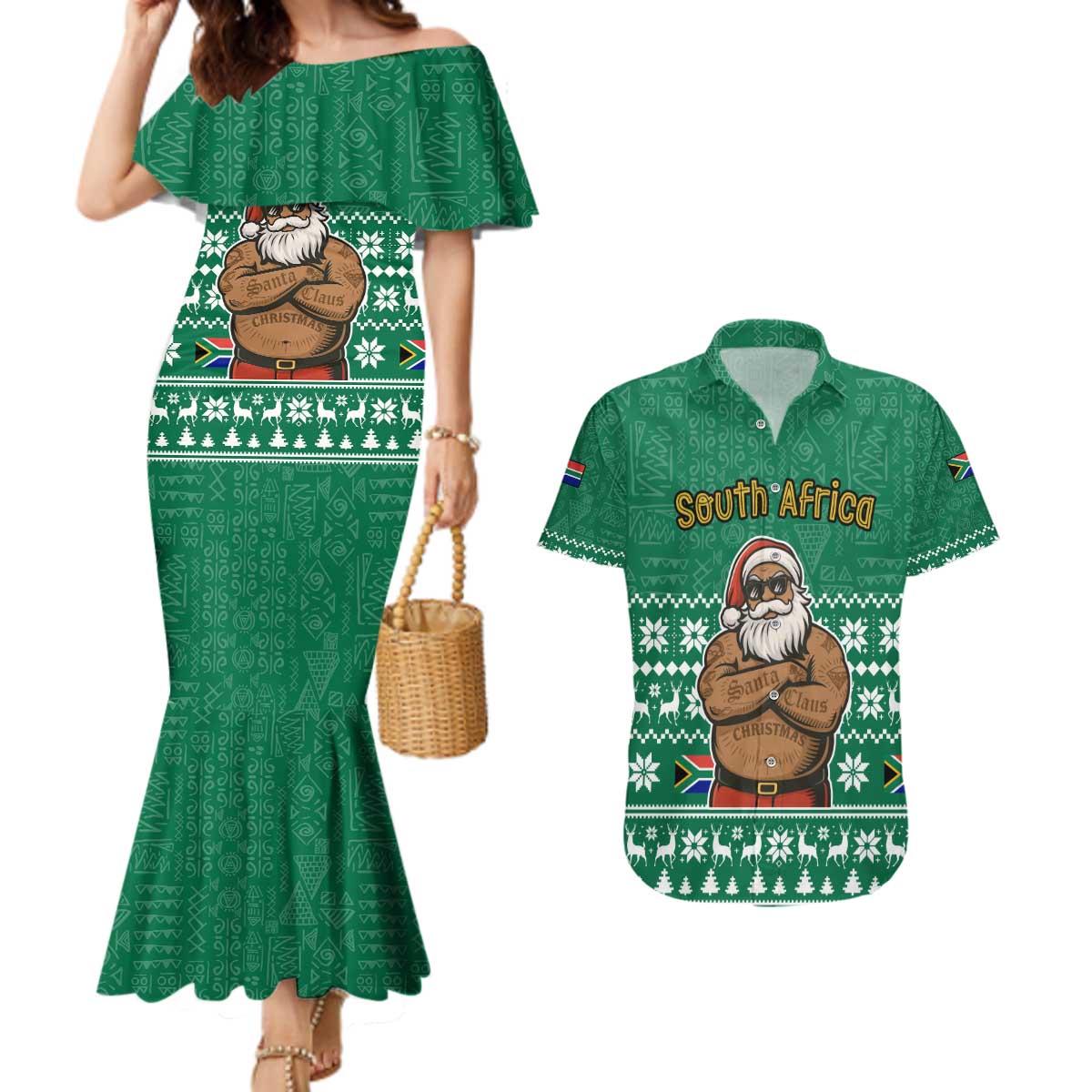 South Africa Christmas Couples Matching Mermaid Dress and Hawaiian Shirt Christmas Santa Claus Tattoo - Wonder Print Shop