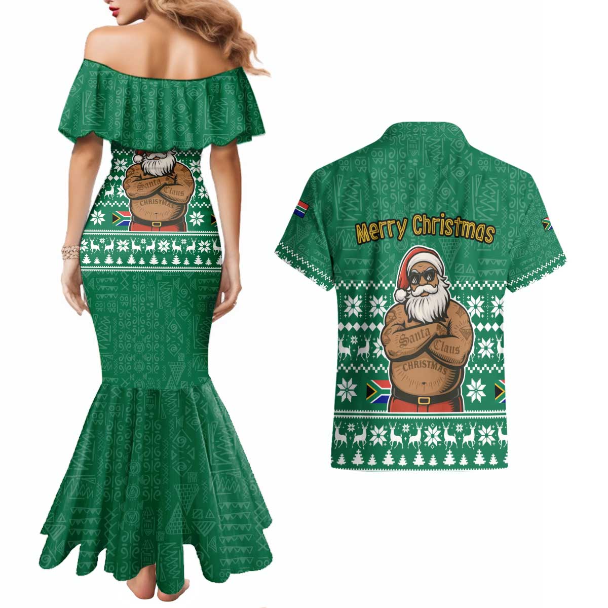 South Africa Christmas Couples Matching Mermaid Dress and Hawaiian Shirt Christmas Santa Claus Tattoo - Wonder Print Shop
